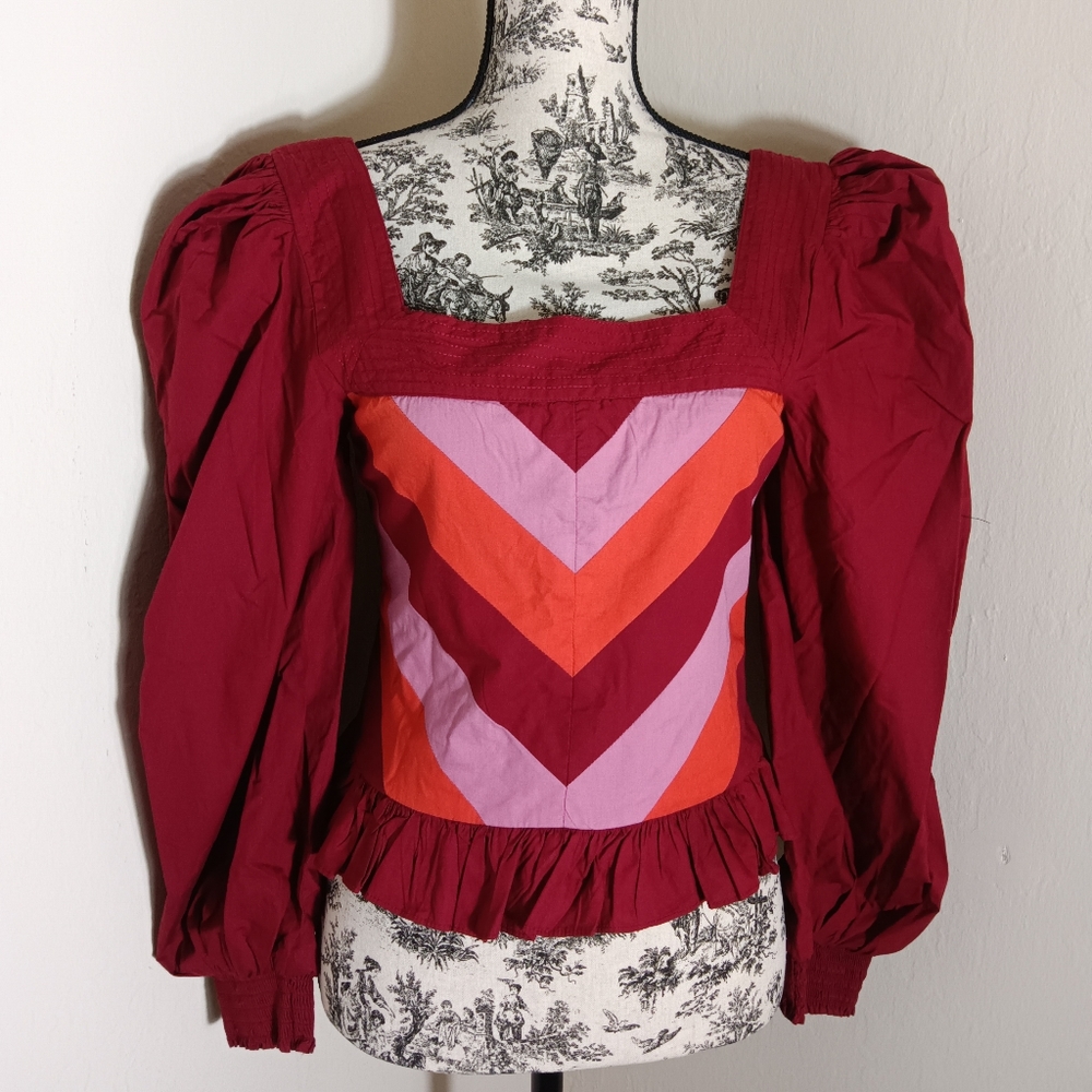 NWT Love The Label Cotton Burgundy Color Block Puff Sleeve Top Anthro Brand